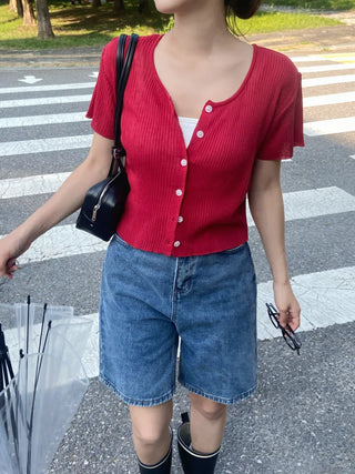 Jomi Summer Ribbed Short Sleeve U-Neck Cardigan