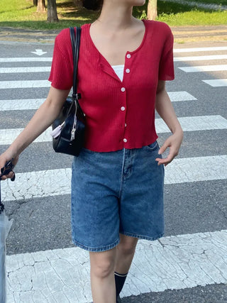 Jomi Summer Ribbed Short Sleeve U-Neck Cardigan