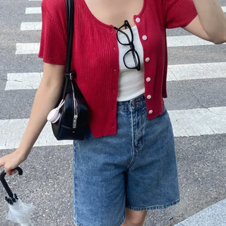 Jomi Summer Ribbed Short Sleeve U-Neck Cardigan