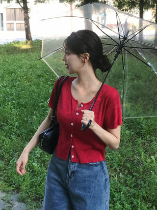 Jomi Summer Ribbed Short Sleeve U-Neck Cardigan