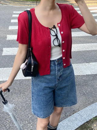 Jomi Summer Ribbed Short Sleeve U-Neck Cardigan