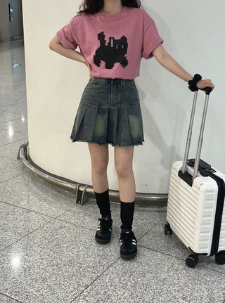 Dark blue basic pleated denim mini skirt