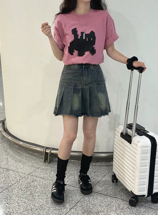 Dark blue basic pleated denim mini skirt