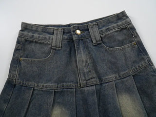 Dark blue basic pleated denim mini skirt