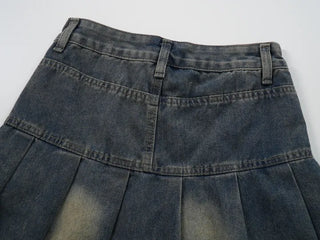 Dark blue basic pleated denim mini skirt