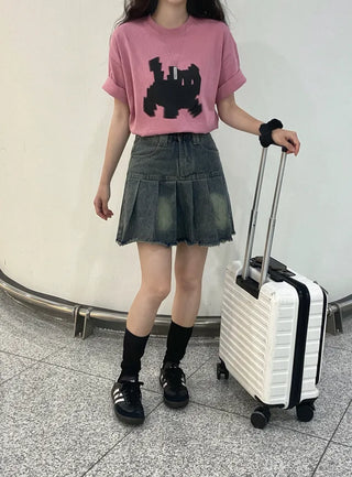 Dark blue basic pleated denim mini skirt