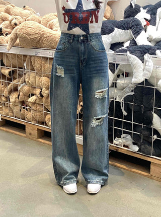 Distressed Damage Denim Long Pants