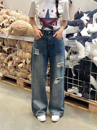 Distressed Damage Denim Long Pants