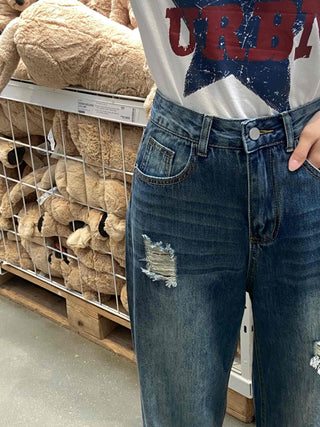 Distressed Damage Denim Long Pants
