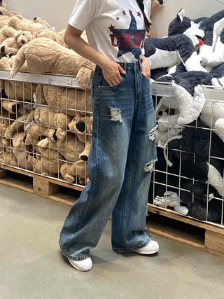 Distressed Damage Denim Long Pants
