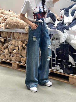 Distressed Damage Denim Long Pants