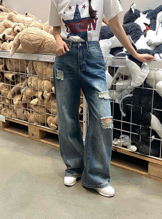Distressed Damage Denim Long Pants