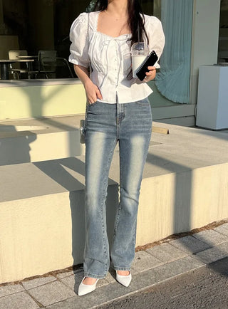 Lovely Erin Lace Square Puff Short Sleeve Blouse