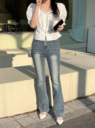 Lovely Erin Lace Square Puff Short Sleeve Blouse