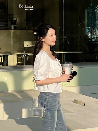 Lovely Erin Lace Square Puff Short Sleeve Blouse
