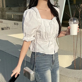 Lovely Erin Lace Square Puff Short Sleeve Blouse