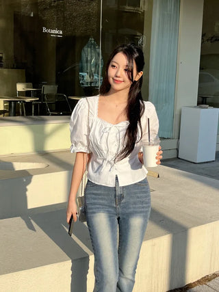 Lovely Erin Lace Square Puff Short Sleeve Blouse