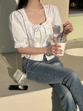 Lovely Erin Lace Square Puff Short Sleeve Blouse