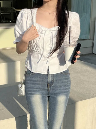 Lovely Erin Lace Square Puff Short Sleeve Blouse