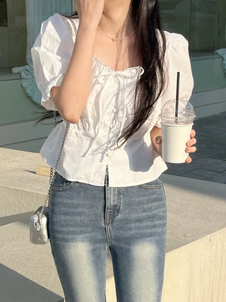 Lovely Erin Lace Square Puff Short Sleeve Blouse