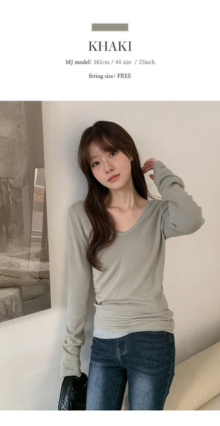 Leedet Ribbed Double V Neck Long Sleeve T Shirt