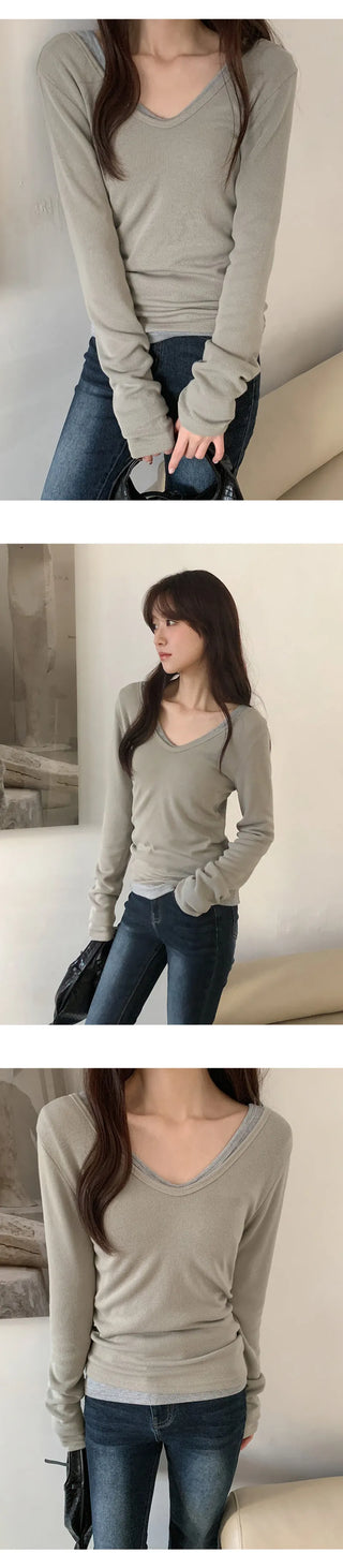 Leedet Ribbed Double V Neck Long Sleeve T Shirt