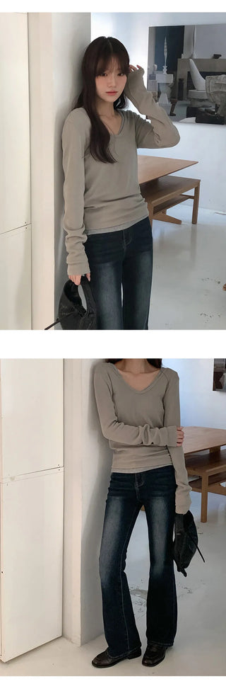 Leedet Ribbed Double V Neck Long Sleeve T Shirt
