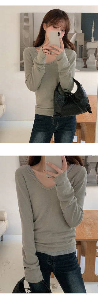 Leedet Ribbed Double V Neck Long Sleeve T Shirt