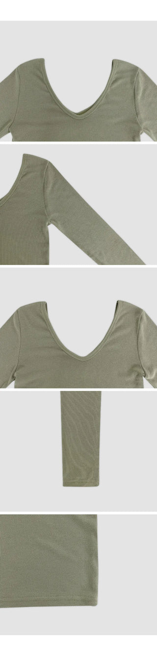Leedet Ribbed Double V Neck Long Sleeve T Shirt
