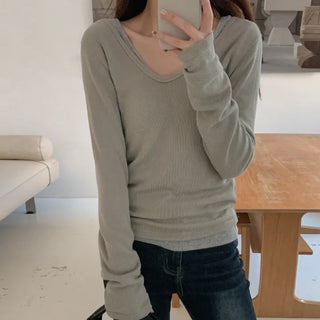 Leedet Ribbed Double V Neck Long Sleeve T Shirt