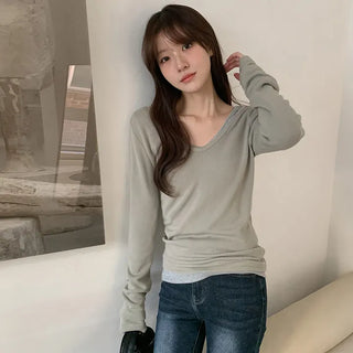 Leedet Ribbed Double V Neck Long Sleeve T Shirt