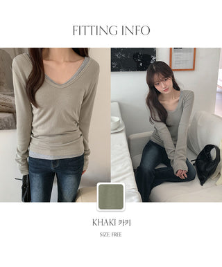 Leedet Ribbed Double V Neck Long Sleeve T Shirt
