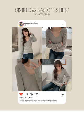 Leedet Ribbed Double V Neck Long Sleeve T Shirt