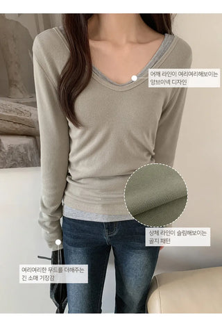 Leedet Ribbed Double V Neck Long Sleeve T Shirt