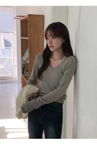 Leedet Ribbed Double V Neck Long Sleeve T Shirt