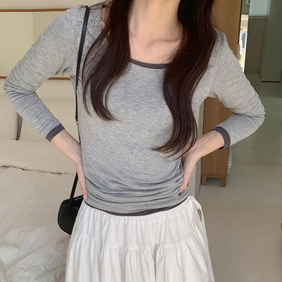 Pale Basic Round Long Sleeve T shirt