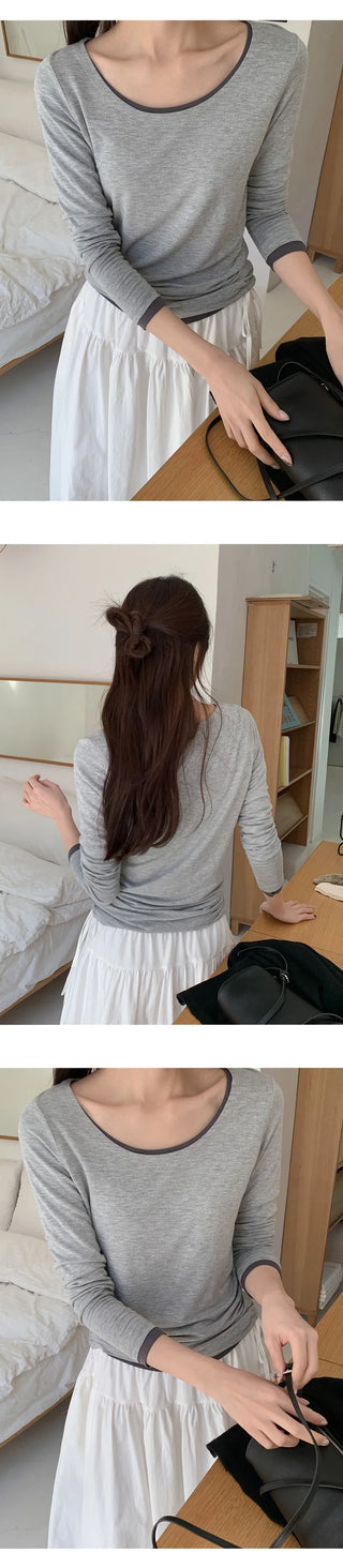 Pale Basic Round Long Sleeve T shirt