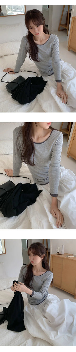Pale Basic Round Long Sleeve T shirt