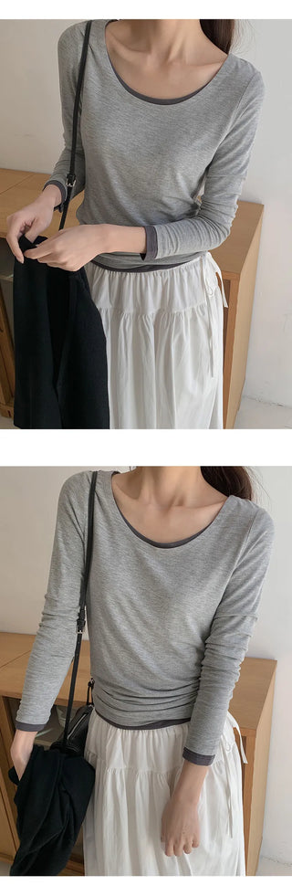 Pale Basic Round Long Sleeve T shirt