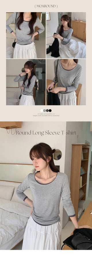 Pale Basic Round Long Sleeve T shirt