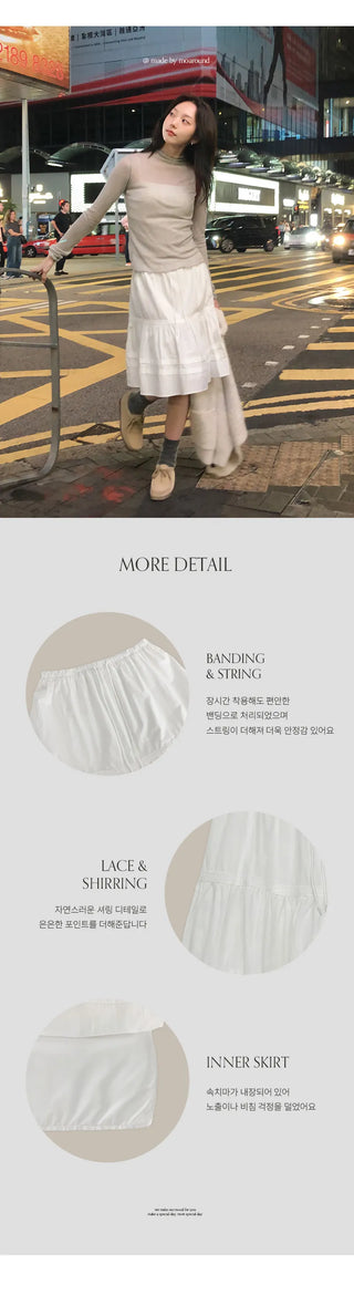 Fine D Flare Lace Banding String Midi Skirt