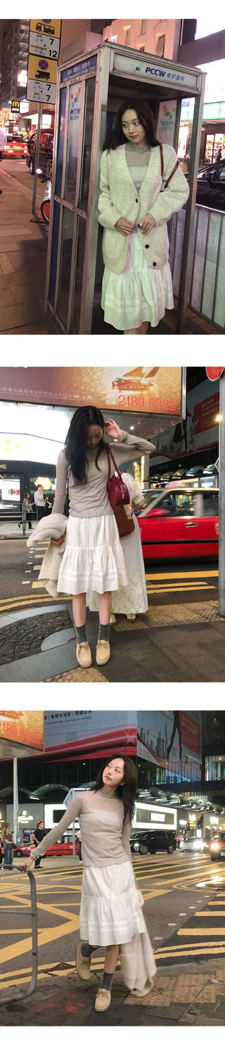 Fine D Flare Lace Banding String Midi Skirt