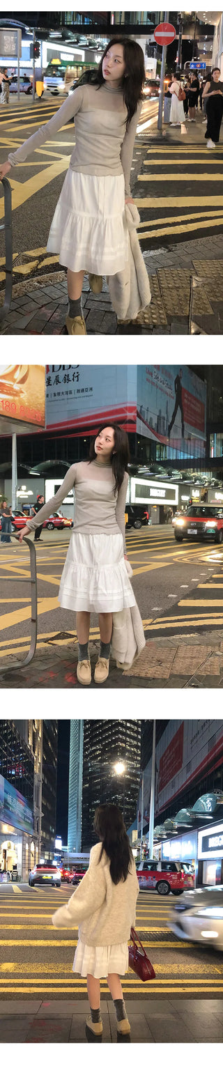 Fine D Flare Lace Banding String Midi Skirt