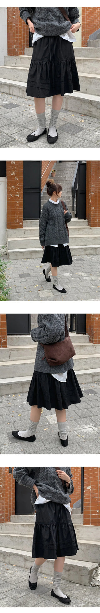 Fine D Flare Lace Banding String Midi Skirt