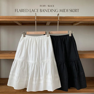Fine D Flare Lace Banding String Midi Skirt