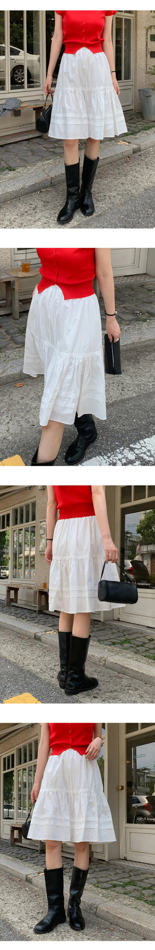 Fine D Flare Lace Banding String Midi Skirt