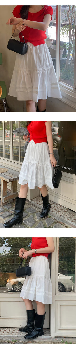 Fine D Flare Lace Banding String Midi Skirt