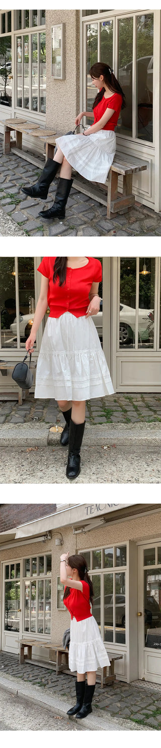Fine D Flare Lace Banding String Midi Skirt