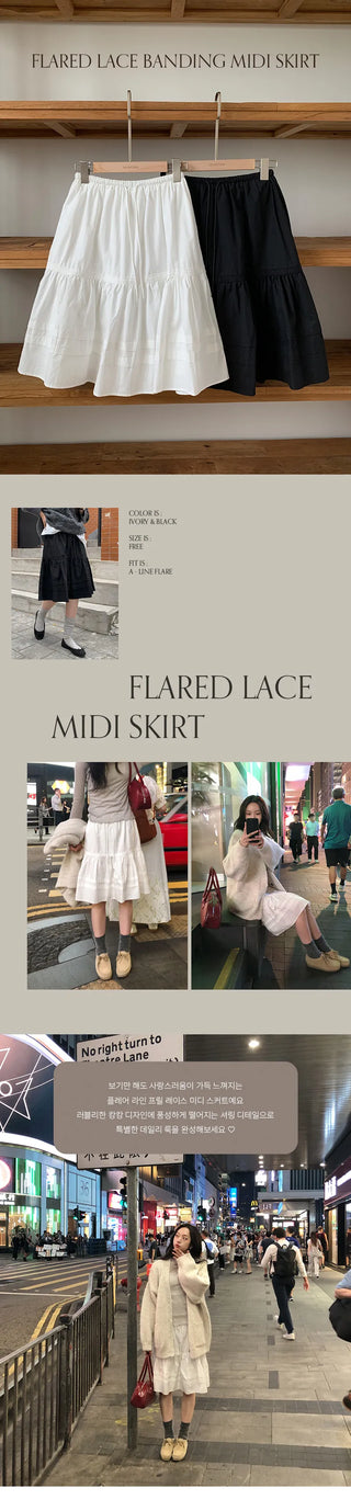 Fine D Flare Lace Banding String Midi Skirt