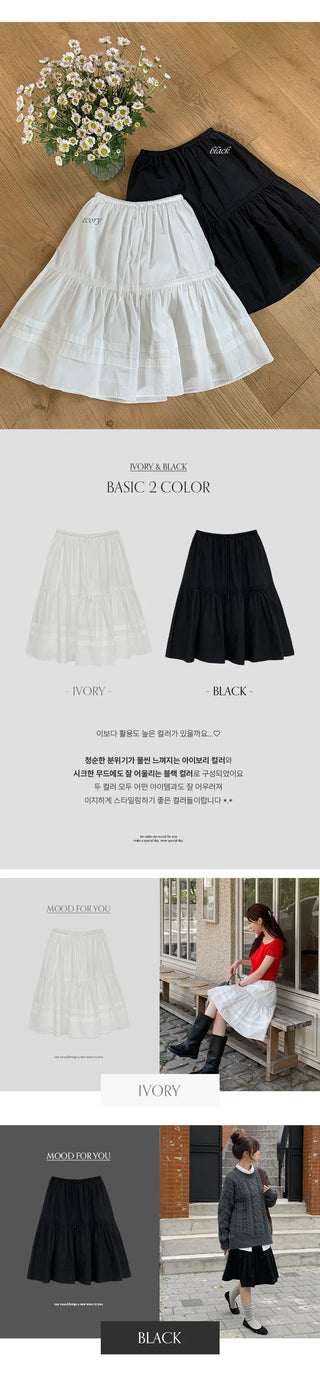 Fine D Flare Lace Banding String Midi Skirt